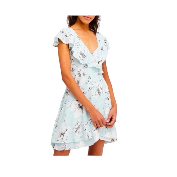 Free People French Quarter Mini Wrap Dress Mint Baby Blue Floral Ruffle L - Picture 3 of 9